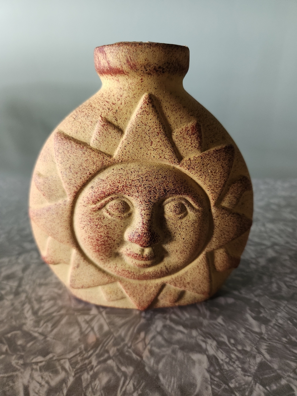 Source Unknown Sun Face Ceramic Vase in Yellow with Red Speckle